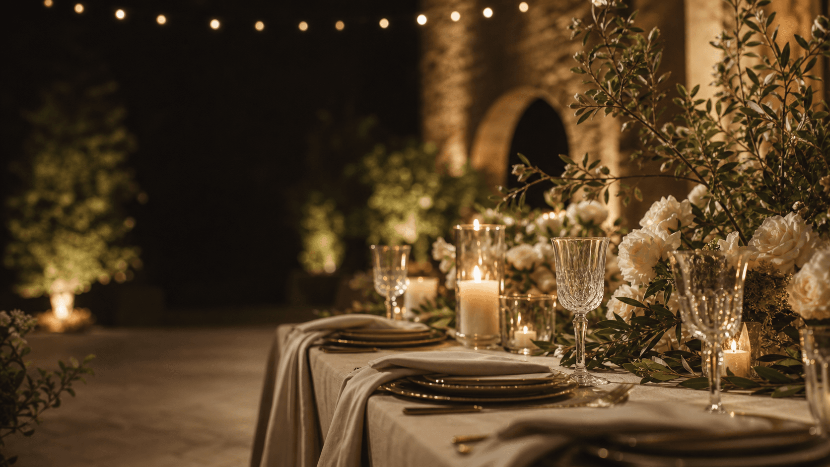 Elegant candlelit wedding table with ivory flowers and olive branches